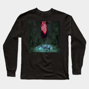 Digital collage and special processing. Mystic forest. Night, sky, stars. Light green and red. Long Sleeve T-Shirt